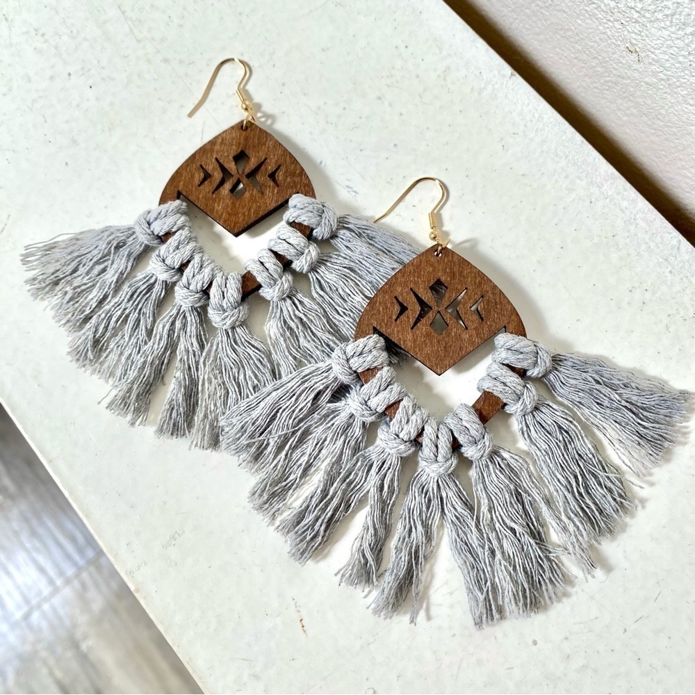 Rustic fringe boho statement earrings w macrame/hippy/cottage core vibe